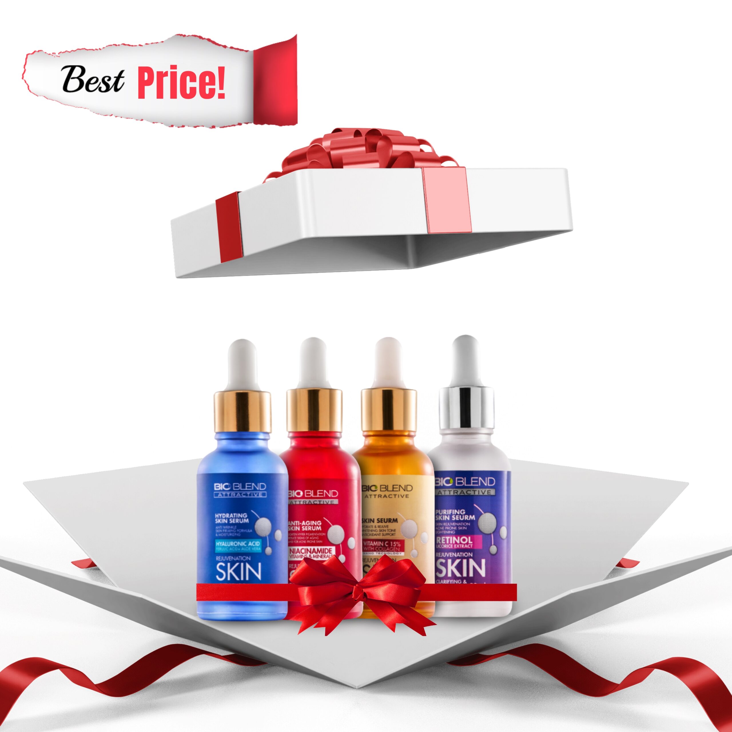 BIO BLEND 4-serum skincare bundle – hydration, brightening, anti-aging & night renewal.